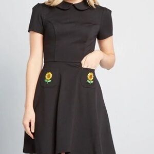 ModCloth Spoken sweetness black dress with embroidered sunflower pockets